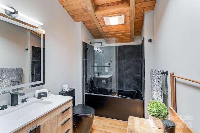 full bathroom with toilet, wood ceiling, tiled shower / bath combo, sink, and beamed ceiling