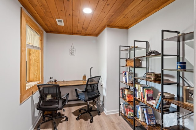 home office featuring light hardwood / wood-style floors, crown molding, and wood ceiling