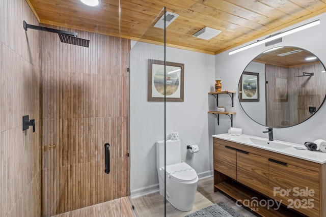 bathroom featuring toilet, vanity, hardwood / wood-style floors, a shower with shower door, and wooden ceiling