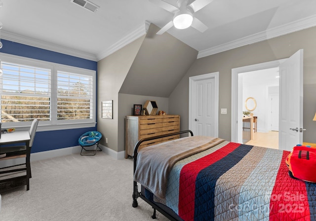 bedroom with lofted ceiling, ornamental molding, light colored carpet, and ceiling fan