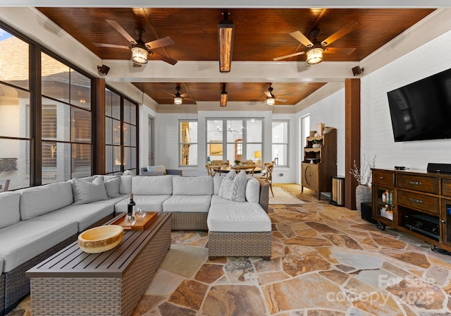 living room with wooden ceiling