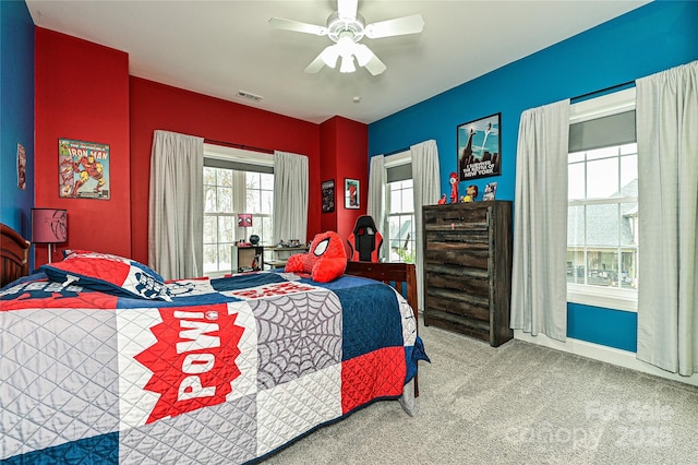 bedroom featuring carpet floors and ceiling fan