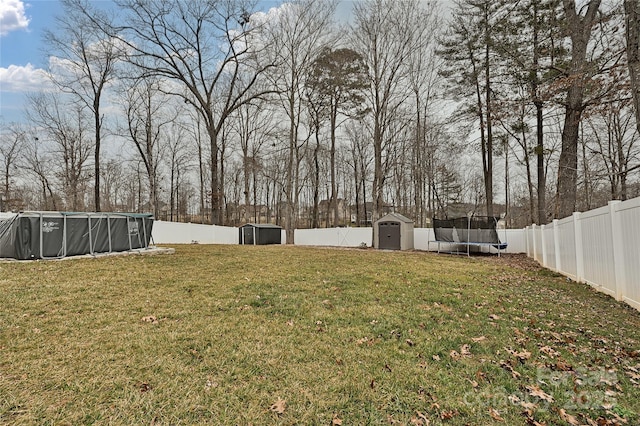 view of yard featuring a storage shed, a covered pool, and a trampoline