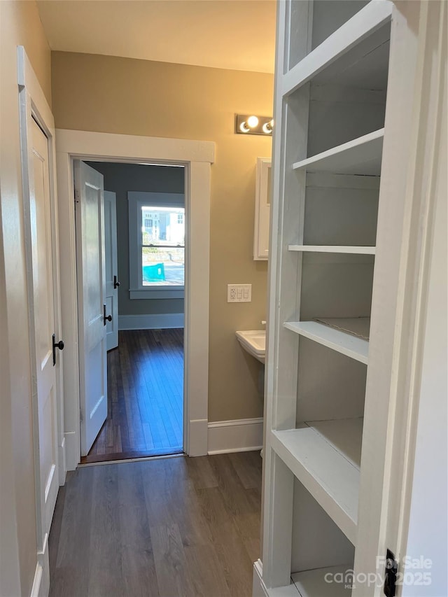 hallway featuring dark wood-type flooring