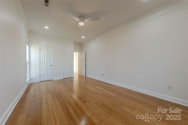 unfurnished bedroom with ceiling fan, crown molding, and light hardwood / wood-style floors