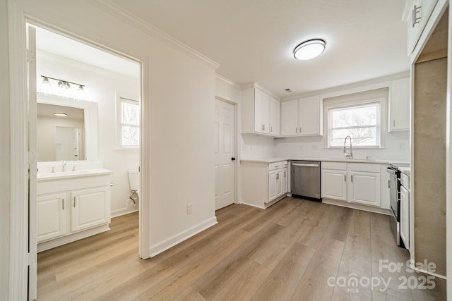 kitchen with white cabinetry, sink, stainless steel dishwasher, and electric stove