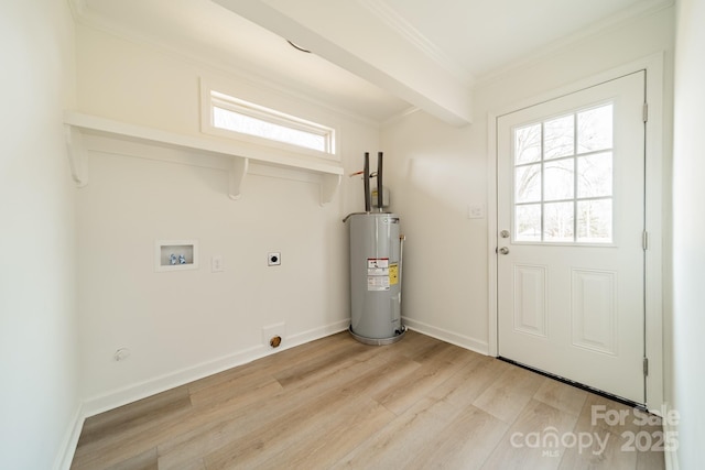 washroom with washer hookup, hookup for an electric dryer, water heater, and light wood-type flooring