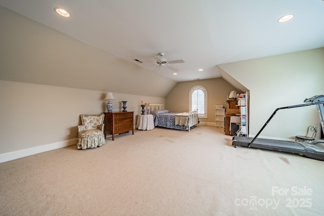 carpeted bedroom featuring ceiling fan and vaulted ceiling