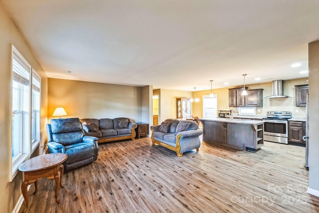 living room featuring light hardwood / wood-style floors, a wealth of natural light, and sink