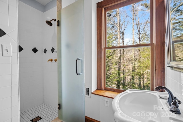 bathroom featuring sink and an enclosed shower