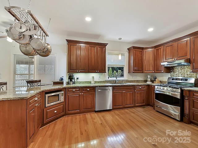 kitchen with a wealth of natural light, decorative light fixtures, sink, light hardwood / wood-style floors, and stainless steel appliances