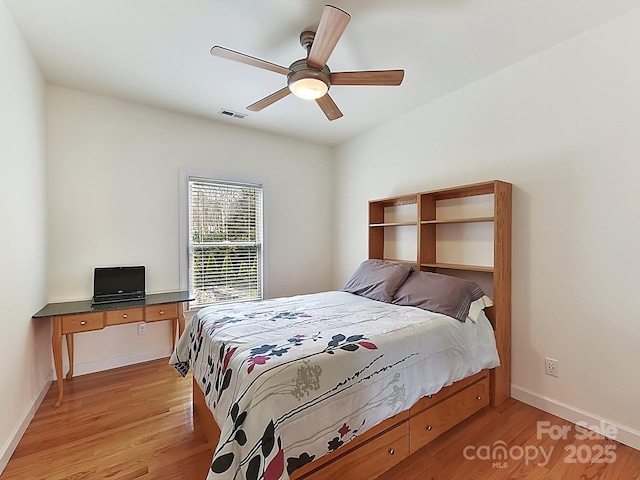 bedroom featuring ceiling fan and light hardwood / wood-style floors