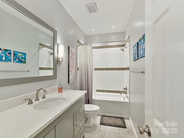 full bathroom featuring shower / bathtub combination with curtain, vanity, tile patterned floors, and toilet