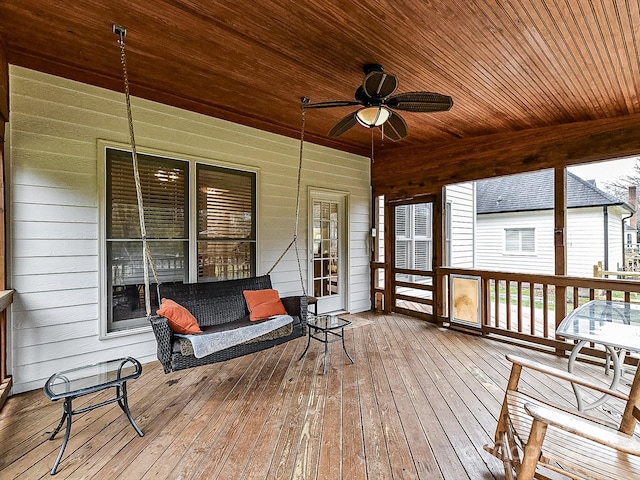 sunroom featuring wooden ceiling and ceiling fan