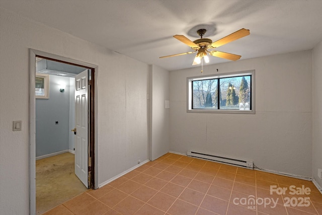 empty room with ceiling fan and a baseboard radiator