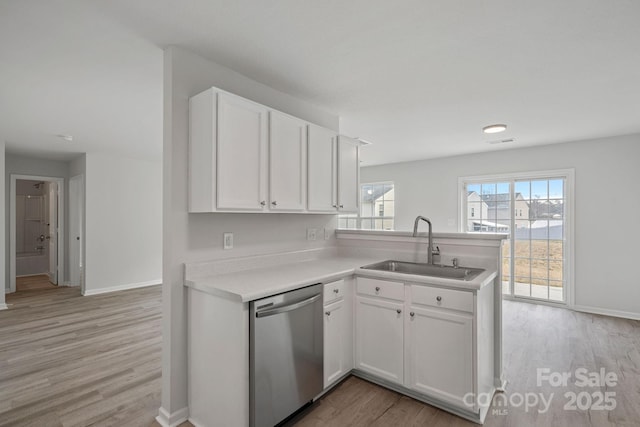 kitchen featuring kitchen peninsula, stainless steel dishwasher, light hardwood / wood-style flooring, white cabinetry, and sink