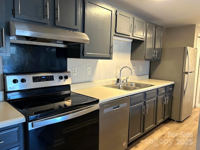 kitchen featuring gray cabinets, appliances with stainless steel finishes, sink, and light hardwood / wood-style flooring