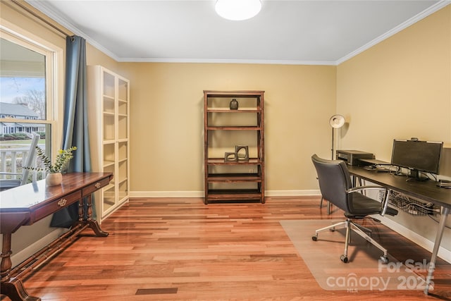 office featuring light hardwood / wood-style flooring and crown molding