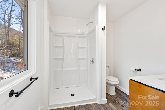 bathroom featuring a healthy amount of sunlight, wood-type flooring, and a shower