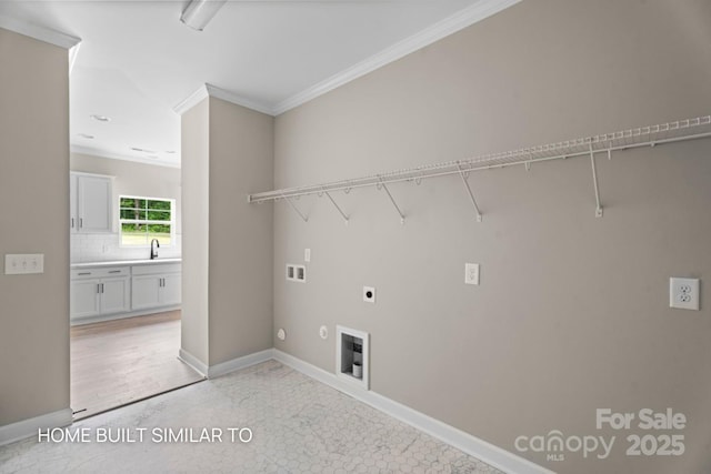 laundry room featuring laundry area, washer hookup, baseboards, ornamental molding, and electric dryer hookup