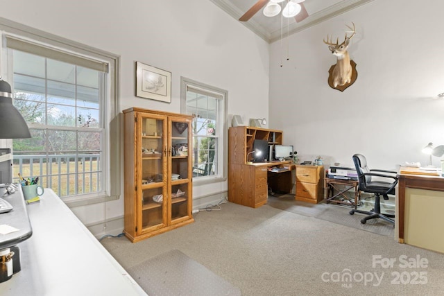 carpeted home office featuring a high ceiling, ceiling fan, ornamental molding, and a healthy amount of sunlight