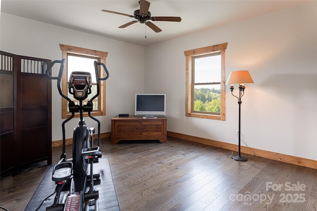 workout room featuring a ceiling fan, plenty of natural light, baseboards, and wood finished floors