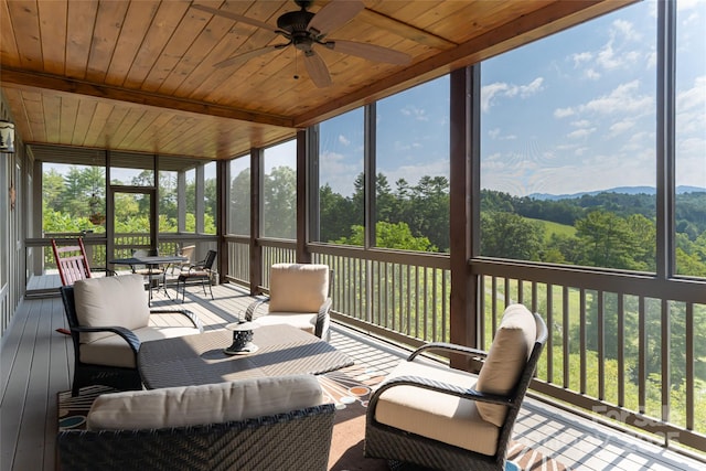 sunroom / solarium featuring ceiling fan, wood ceiling, and a healthy amount of sunlight