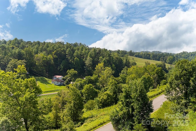 drone / aerial view featuring a wooded view