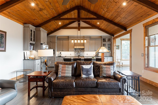 living room featuring lofted ceiling with beams, dark wood-type flooring, wood ceiling, and baseboards