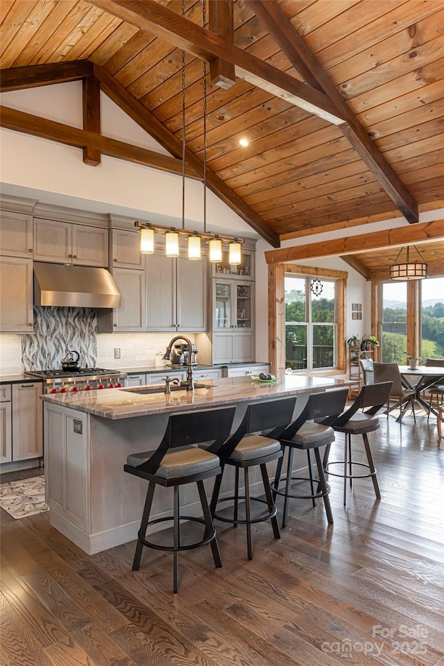 kitchen featuring under cabinet range hood, dark wood-type flooring, a sink, a large island, and decorative backsplash