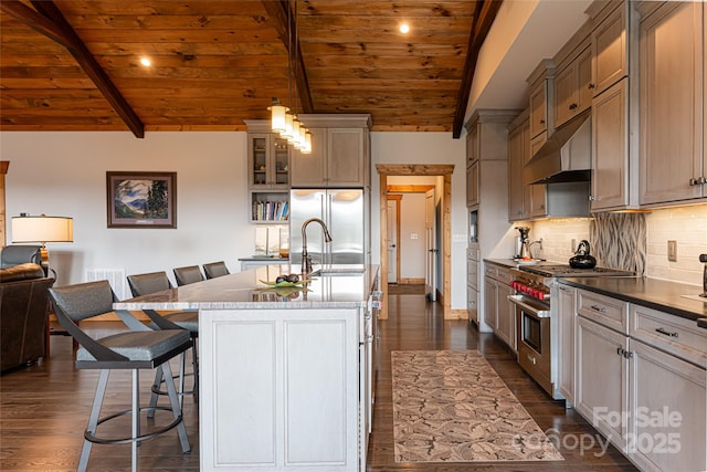 kitchen with decorative backsplash, lofted ceiling with beams, wood ceiling, appliances with stainless steel finishes, and a breakfast bar area