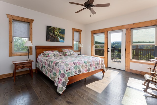 bedroom with ceiling fan, access to outside, hardwood / wood-style flooring, and baseboards