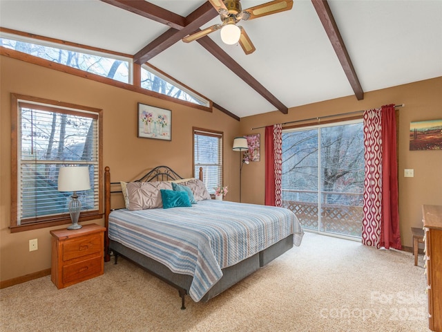 bedroom featuring ceiling fan, vaulted ceiling with beams, light carpet, and access to exterior