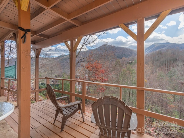 wooden deck with a mountain view