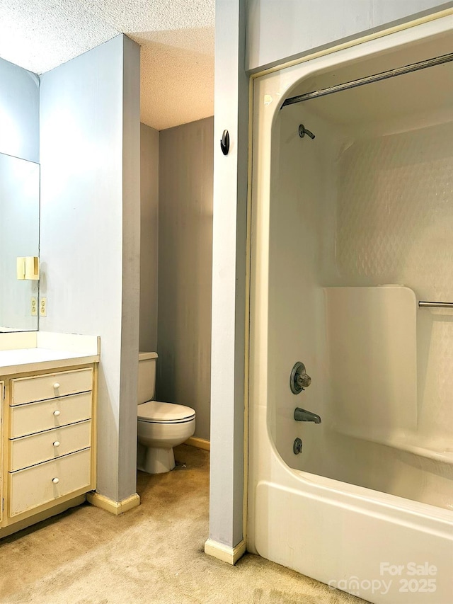 full bathroom with a textured ceiling, toilet, vanity, and shower / bath combination