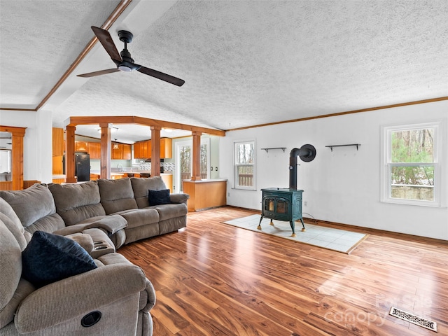 living room with ceiling fan, a wood stove, plenty of natural light, and light wood-type flooring