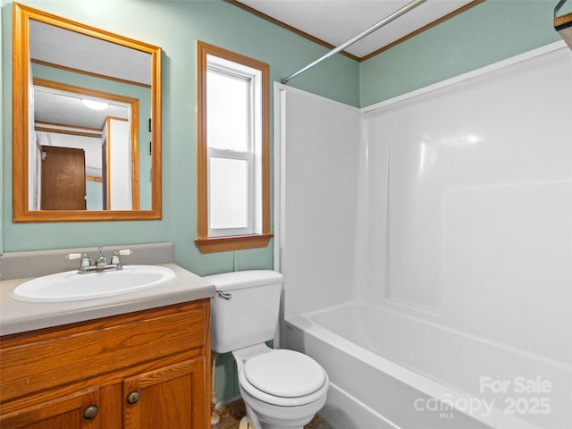 full bathroom with toilet, a textured ceiling, washtub / shower combination, and vanity