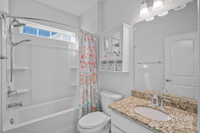 full bathroom featuring vanity, shower / bathtub combination with curtain, and toilet