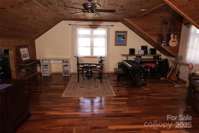 interior space featuring wood ceiling, ceiling fan, lofted ceiling, and dark hardwood / wood-style flooring