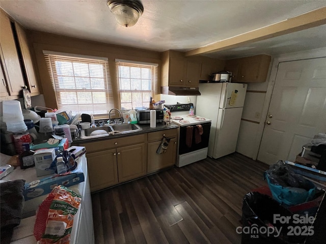 kitchen with white refrigerator, electric stove, dark hardwood / wood-style flooring, and sink