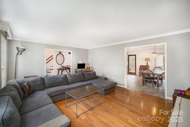 living room with hardwood / wood-style flooring and ornamental molding