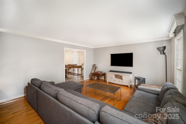 living room featuring ornamental molding and hardwood / wood-style floors