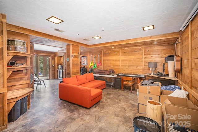 interior space with wooden walls