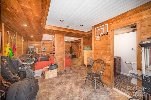 interior space with wood ceiling and wood walls