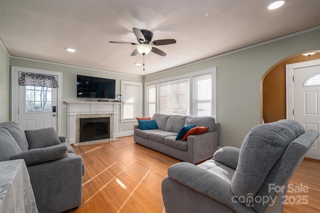 living room with crown molding, light wood-type flooring, a wealth of natural light, and a premium fireplace