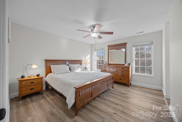 bedroom featuring ceiling fan and light hardwood / wood-style flooring