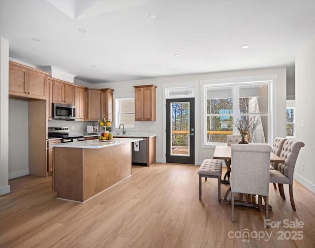 kitchen with stainless steel appliances, a center island, sink, and light hardwood / wood-style flooring