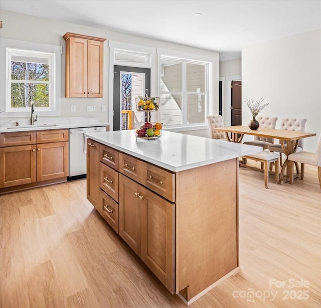 kitchen with sink, light hardwood / wood-style floors, a center island, and dishwasher