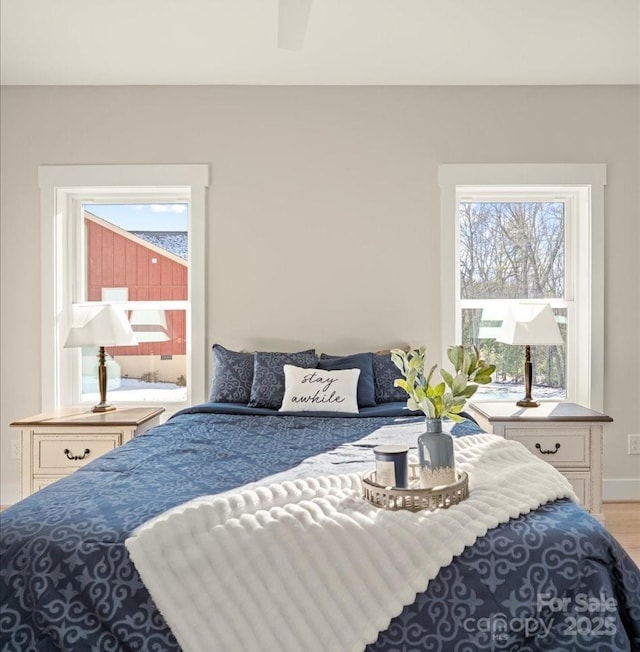 bedroom with ceiling fan, wood-type flooring, and multiple windows