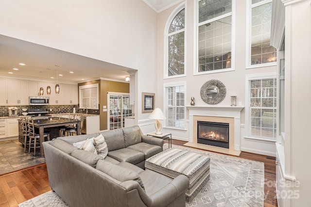 living room featuring a high end fireplace, ornamental molding, dark hardwood / wood-style floors, and a high ceiling